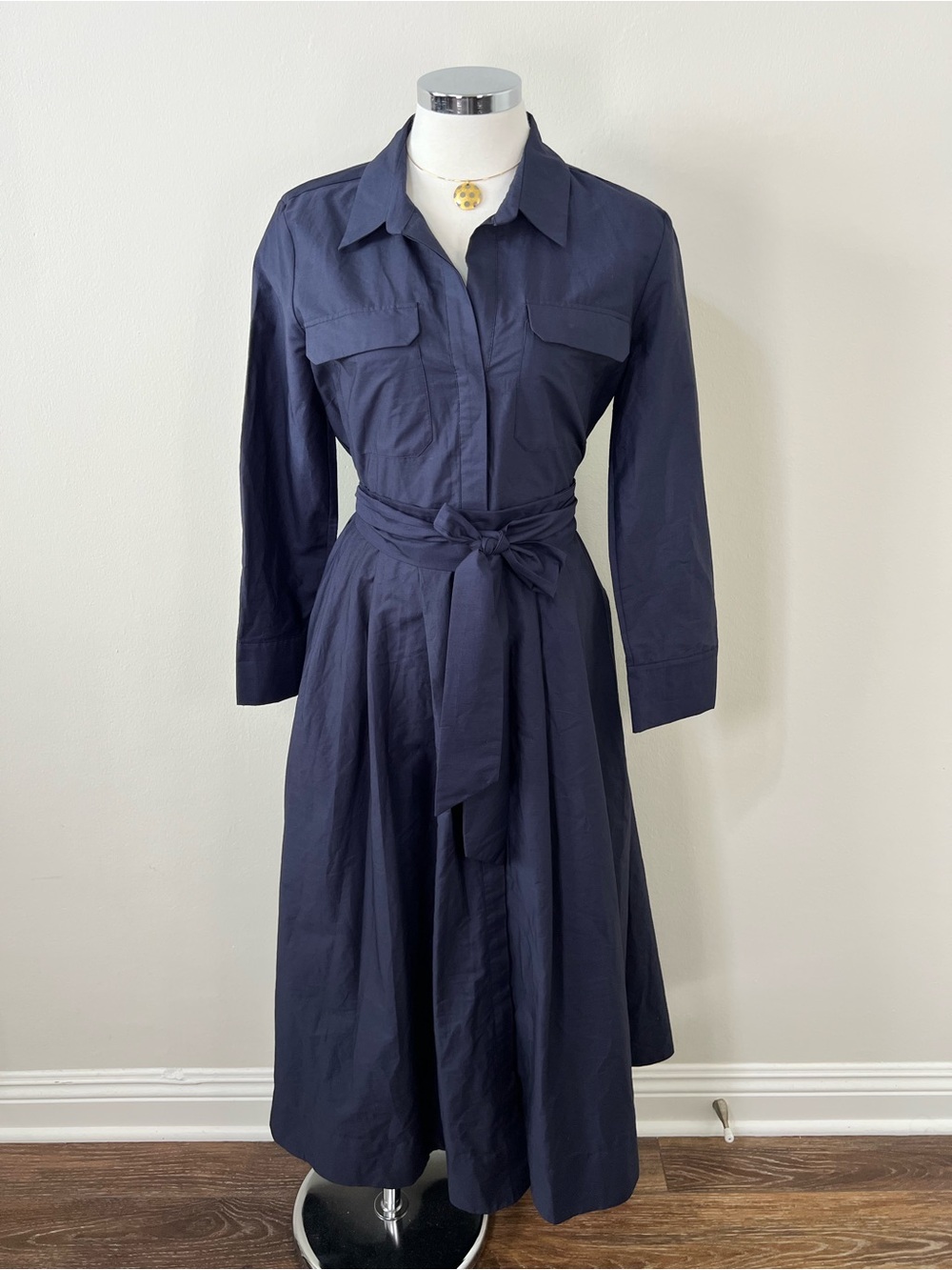 Zara NWT 100% Cotton Navy Belted Shirt Dress Pockets Size M